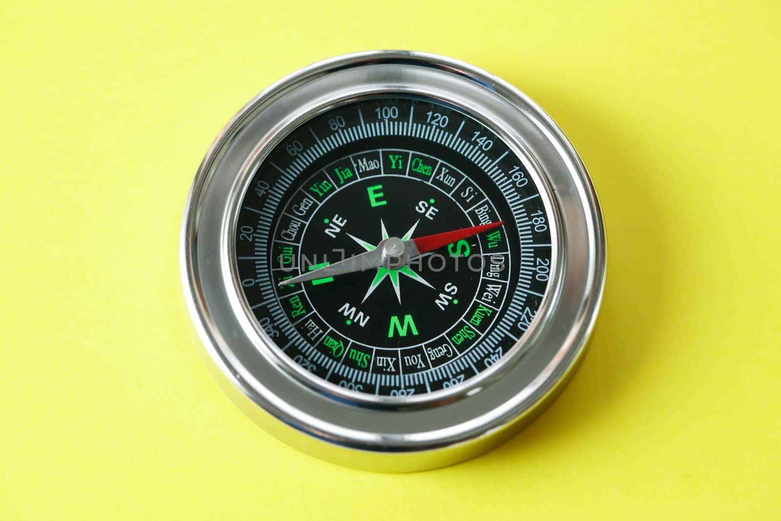 Navigation concept. One compass on nice yellow background