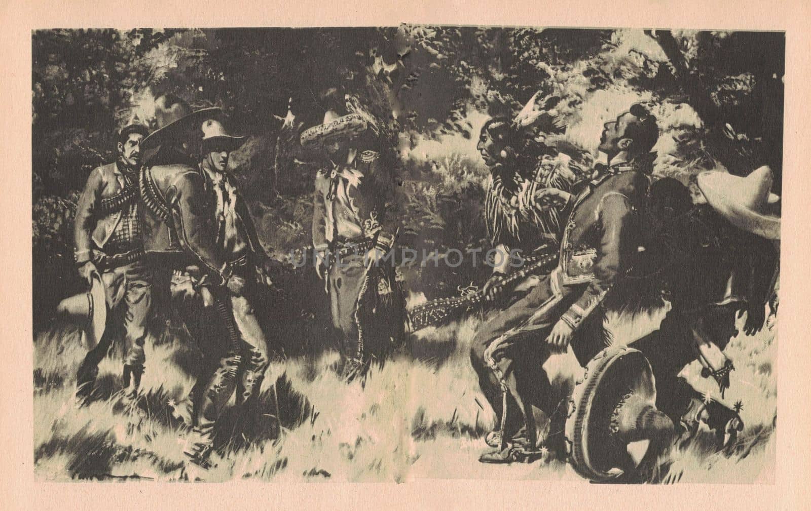 Black and white illustration shows a skirmish between an American Indian and white men . Drawing shows an American Indian in the Old West. Vintage black and white picture shows adventure life in the previous century by roman_nerud