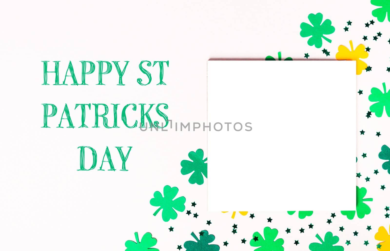 Holiday template Happy St. Patrick's Day on a white background. op view, lie flat, copy space. High quality photo
