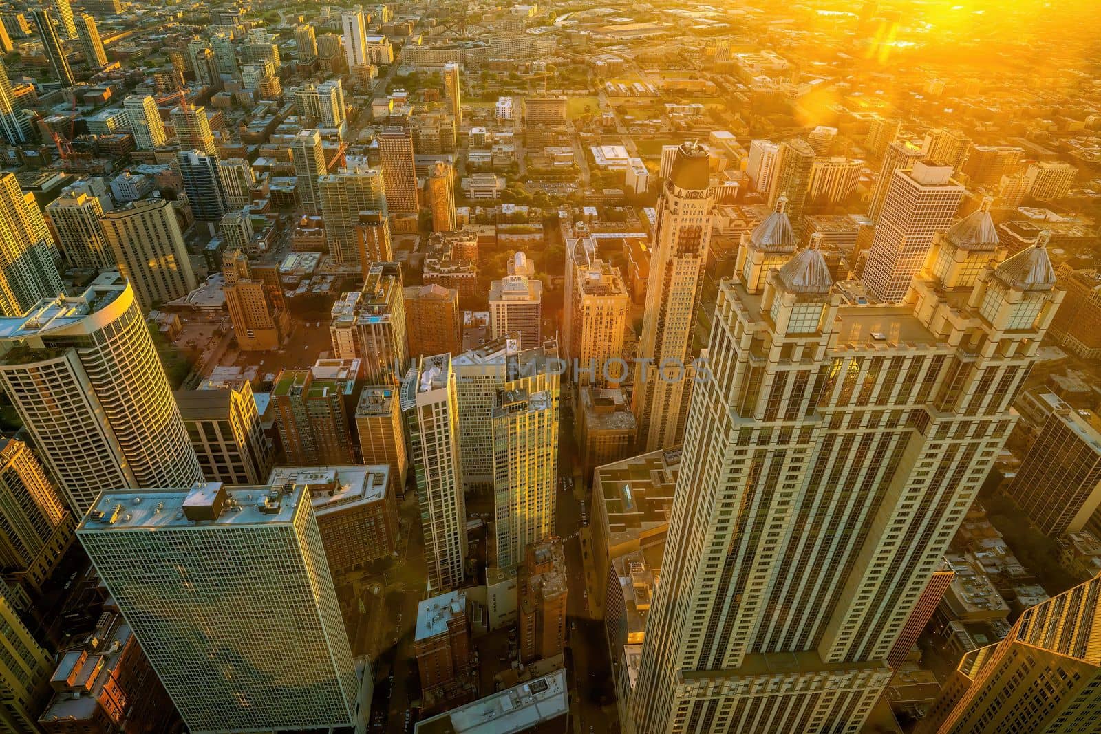 Chicago downtown skyline cityscape of  Illinois, USA at sunset