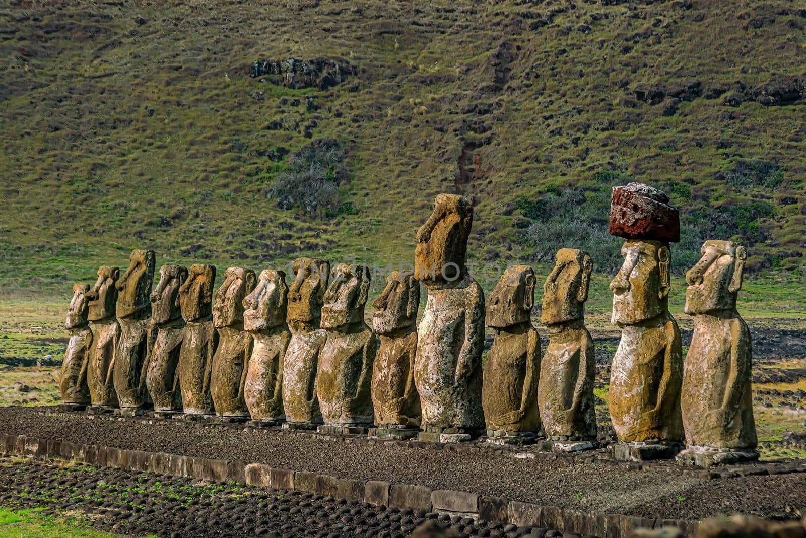 The ancient moai of Ahu Togariki, on Easter Island of Chile