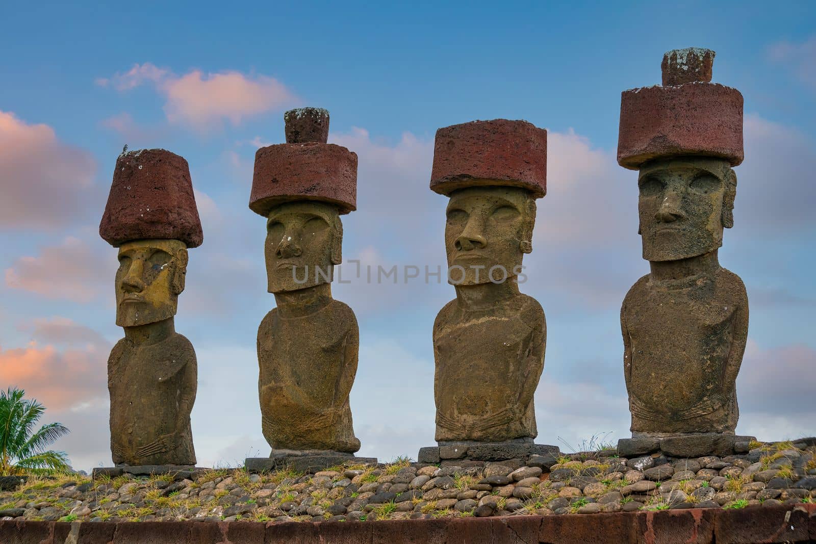 Moais standing on the Anakena Beach in Easter Island, Chile