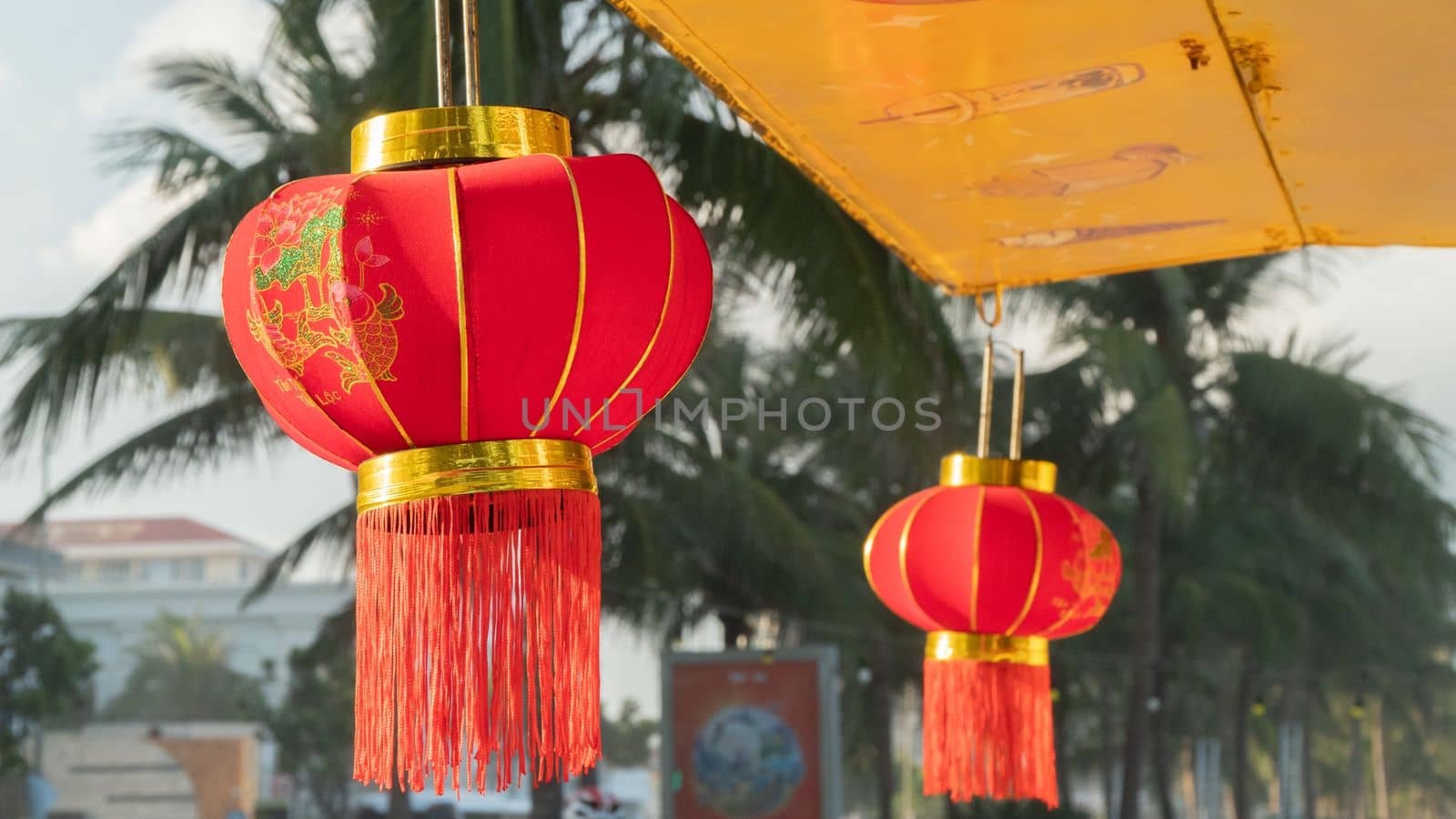 Asian red lanterns close up decor, protection from evil spirits