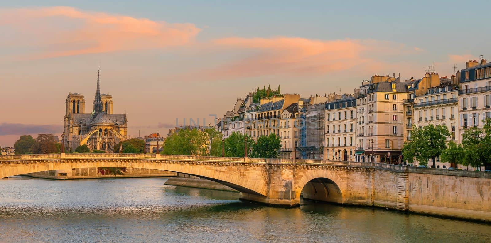 Paris city skyline with Notre Dame de Paris cathedra, cityscape of France at sunrise