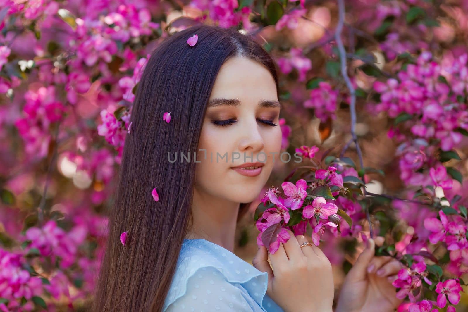 A beautiful brunette girl with pink petals in long hair stands near a pink blooming apple tree, closed her eyes. Close up