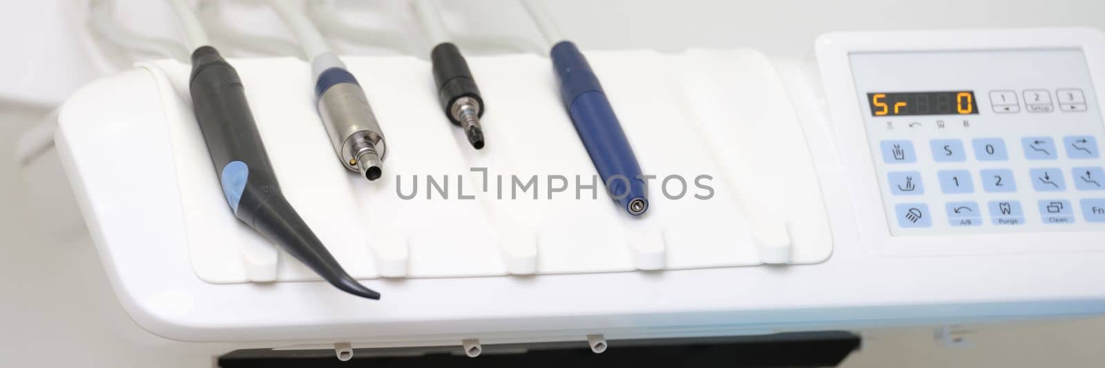 Medical equipment and dentistry closeup. Dental instruments for dental treatment concept