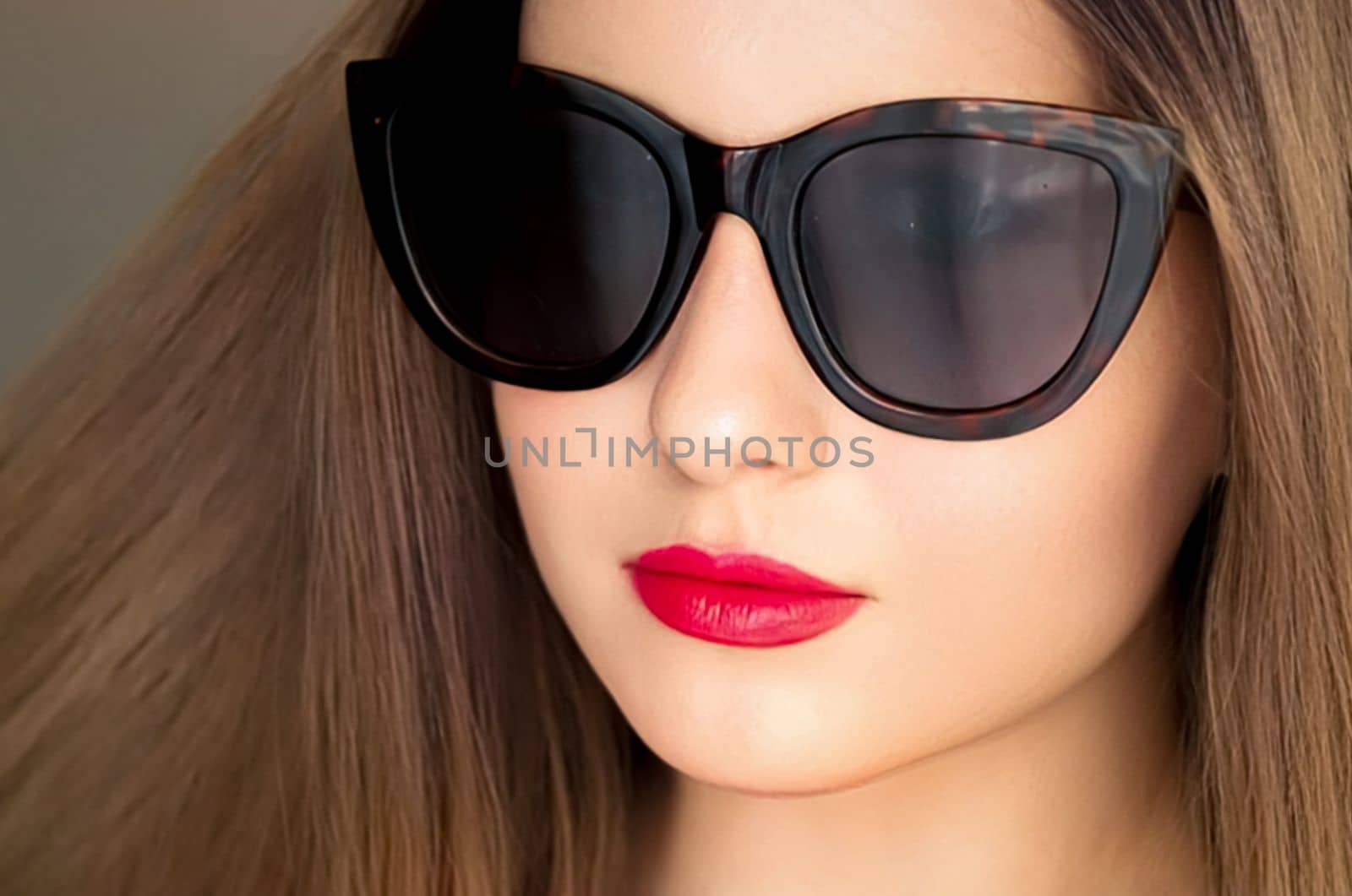 Beauty, fashion and style, face portrait of beautiful woman wearing stylish cat eye sunglasses and red lipstick make-up, luxury accessory and summer lifestyle, glamour and chic look by Anneleven