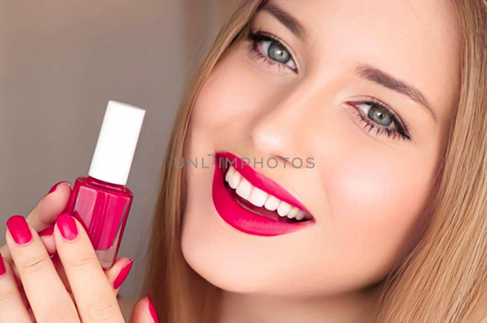 Beauty product, makeup and cosmetics, face portrait of beautiful woman with nail polish, manicure and matching pink lipstick make-up for luxury cosmetic, style and fashion by Anneleven