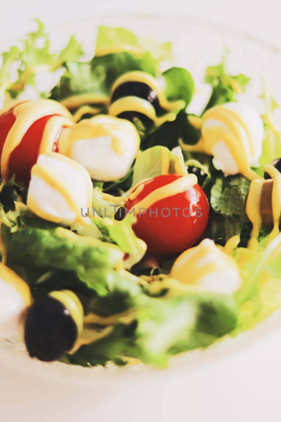 Food and diet, salad with fresh vegetables and mozzarella cheese as meal for lunch or dinner, tasty recipe by Anneleven