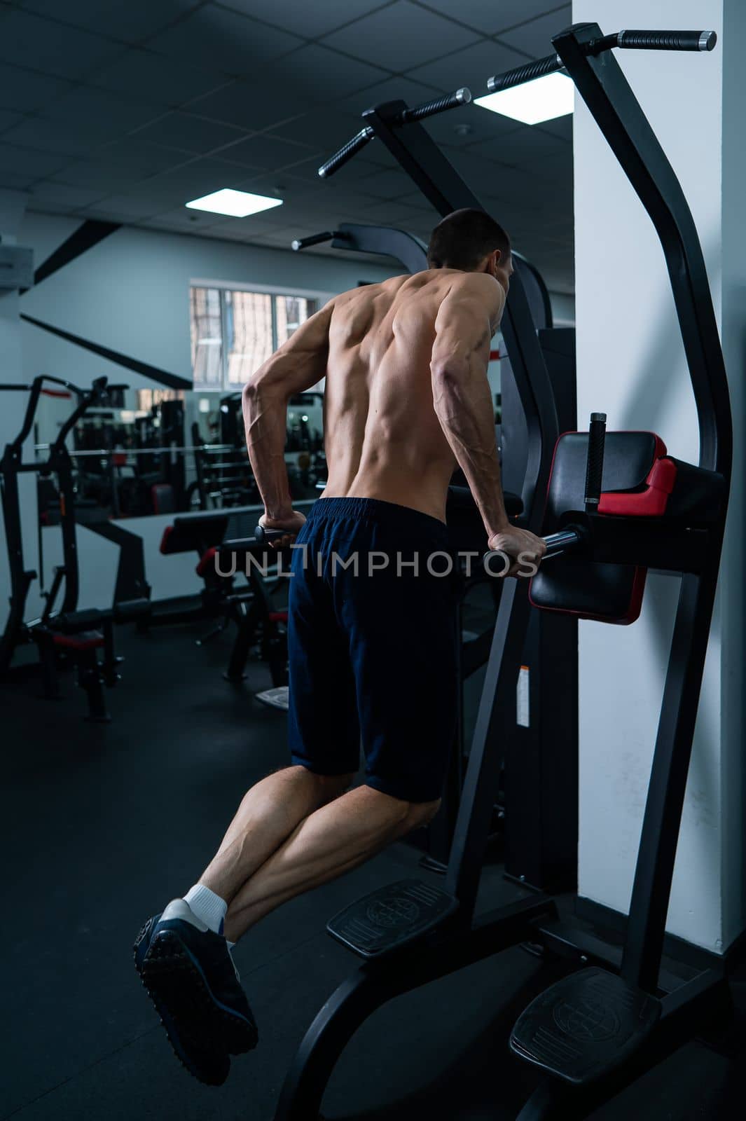 Shirtless man doing triceps dips from parallel bars in gym
