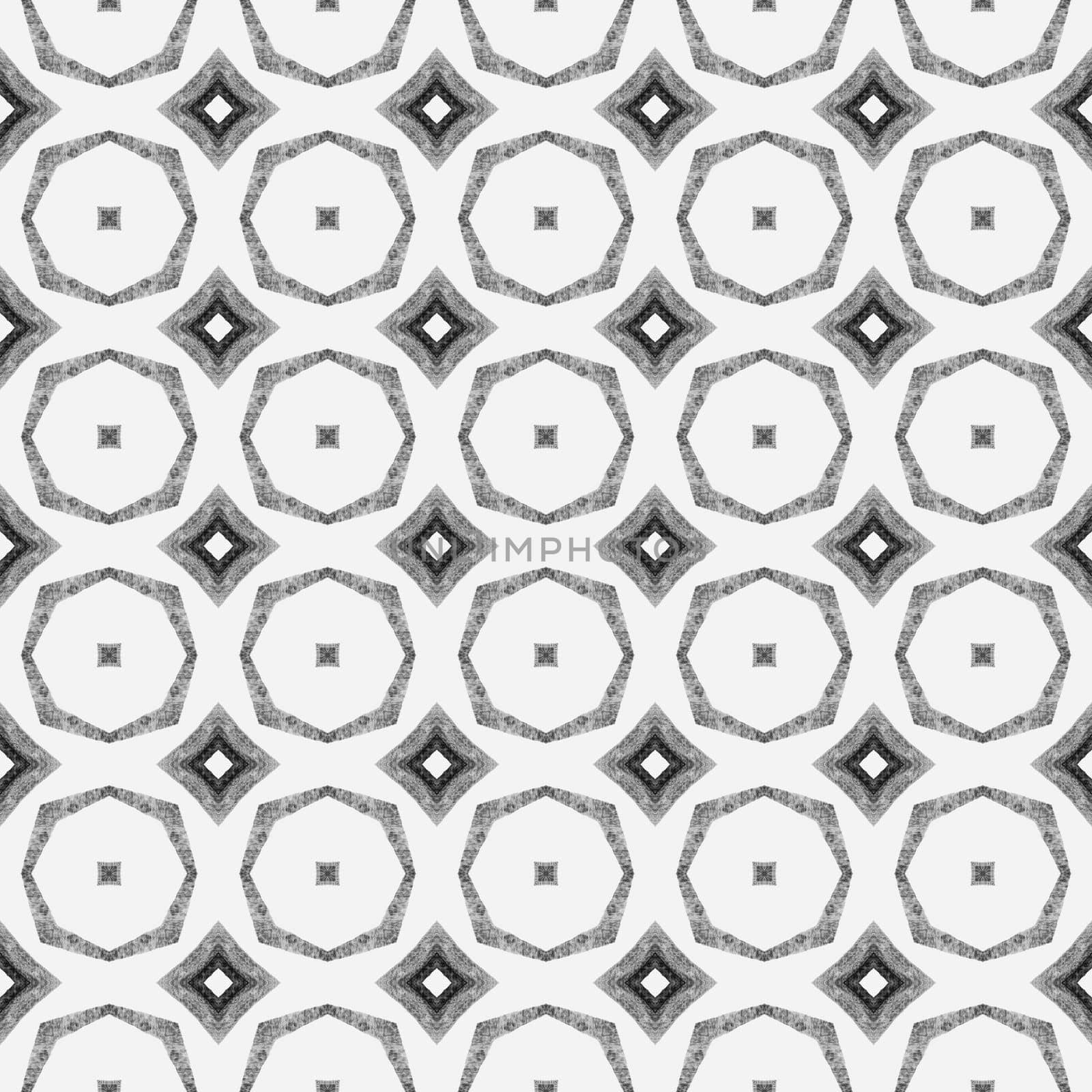 Tiled watercolor background. Black and white exquisite boho chic summer design. Textile ready imaginative print, swimwear fabric, wallpaper, wrapping. Hand painted tiled watercolor border.