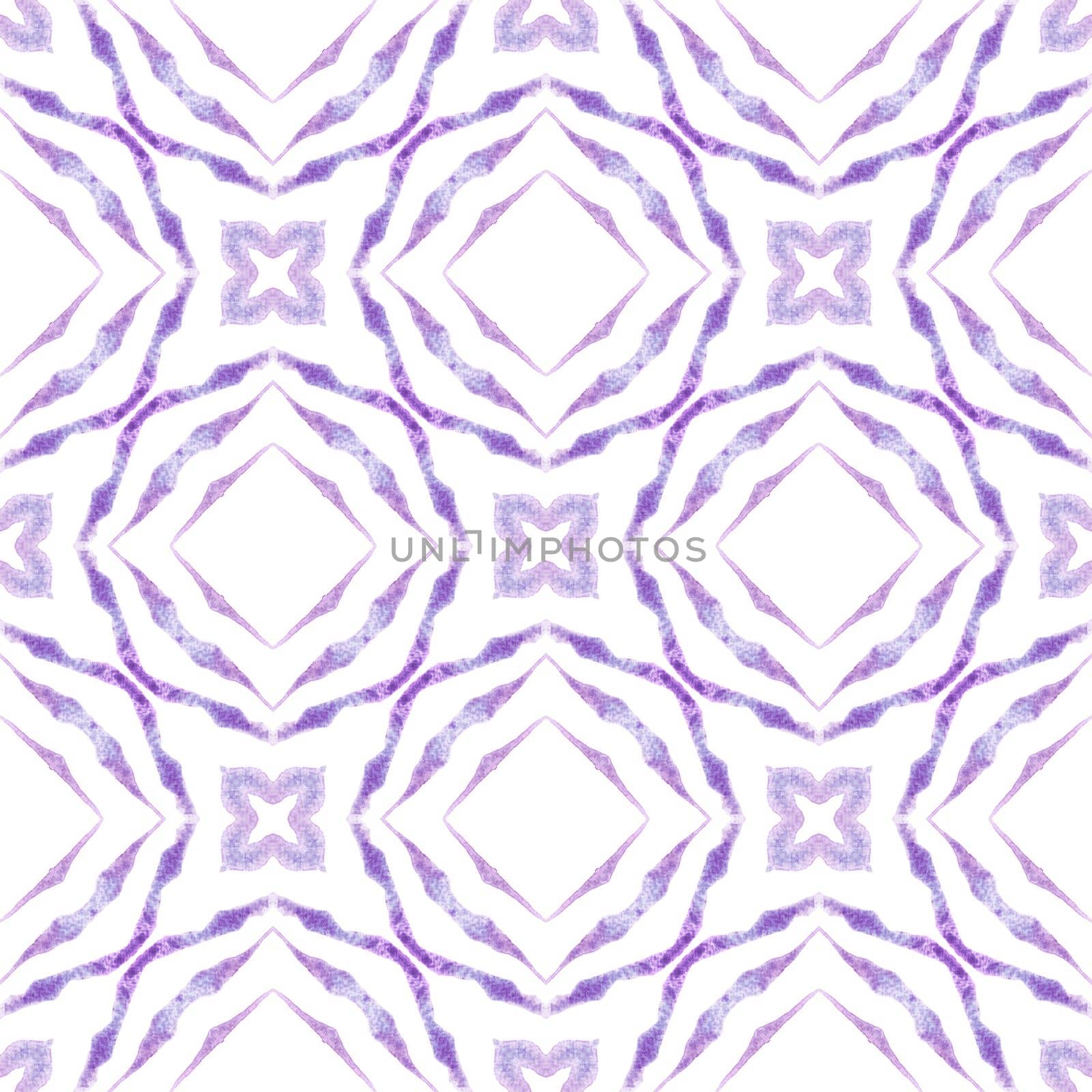 Watercolor summer ethnic border pattern. Purple delightful boho chic summer design. Ethnic hand painted pattern. Textile ready uncommon print, swimwear fabric, wallpaper, wrapping.