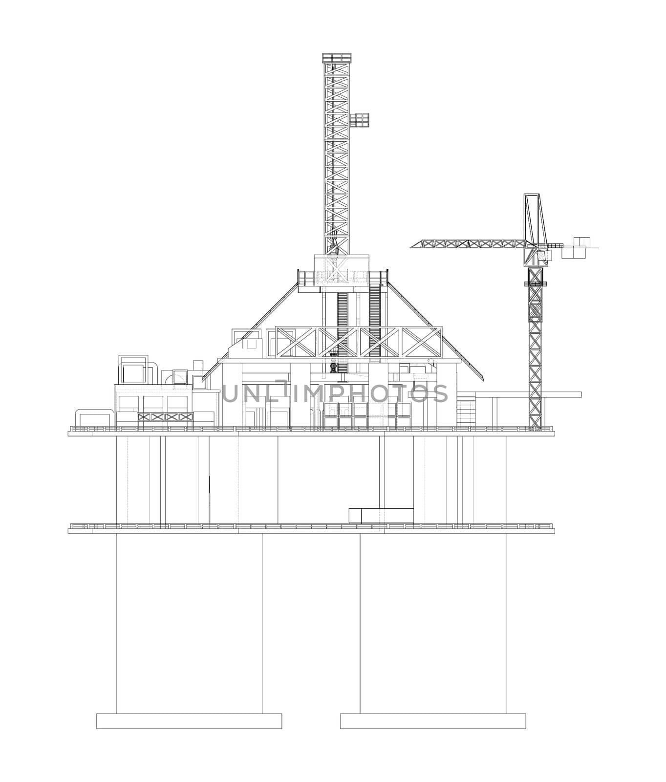 Offshore Oil Rig. 3d illustration. Wire-frame style. Orthography