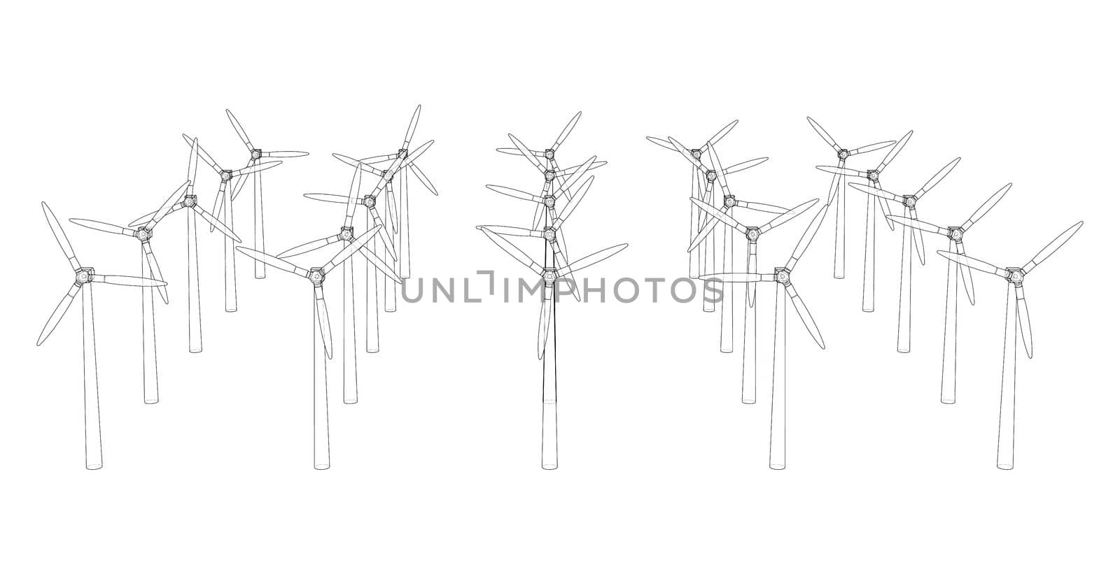Wind turbines on white. 3d illustration. Wire-frame style