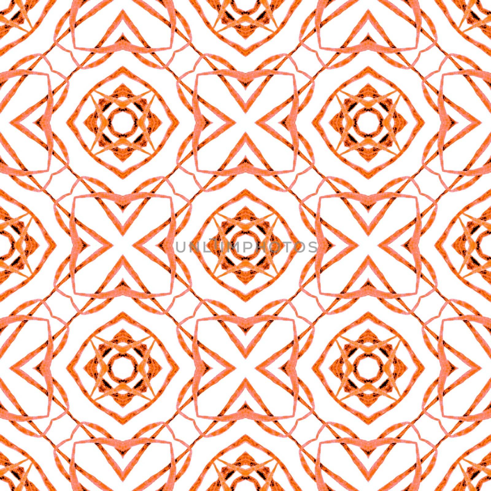 Textile ready positive print, swimwear fabric, wallpaper, wrapping. Orange dramatic boho chic summer design. Hand painted tiled watercolor border. Tiled watercolor background.