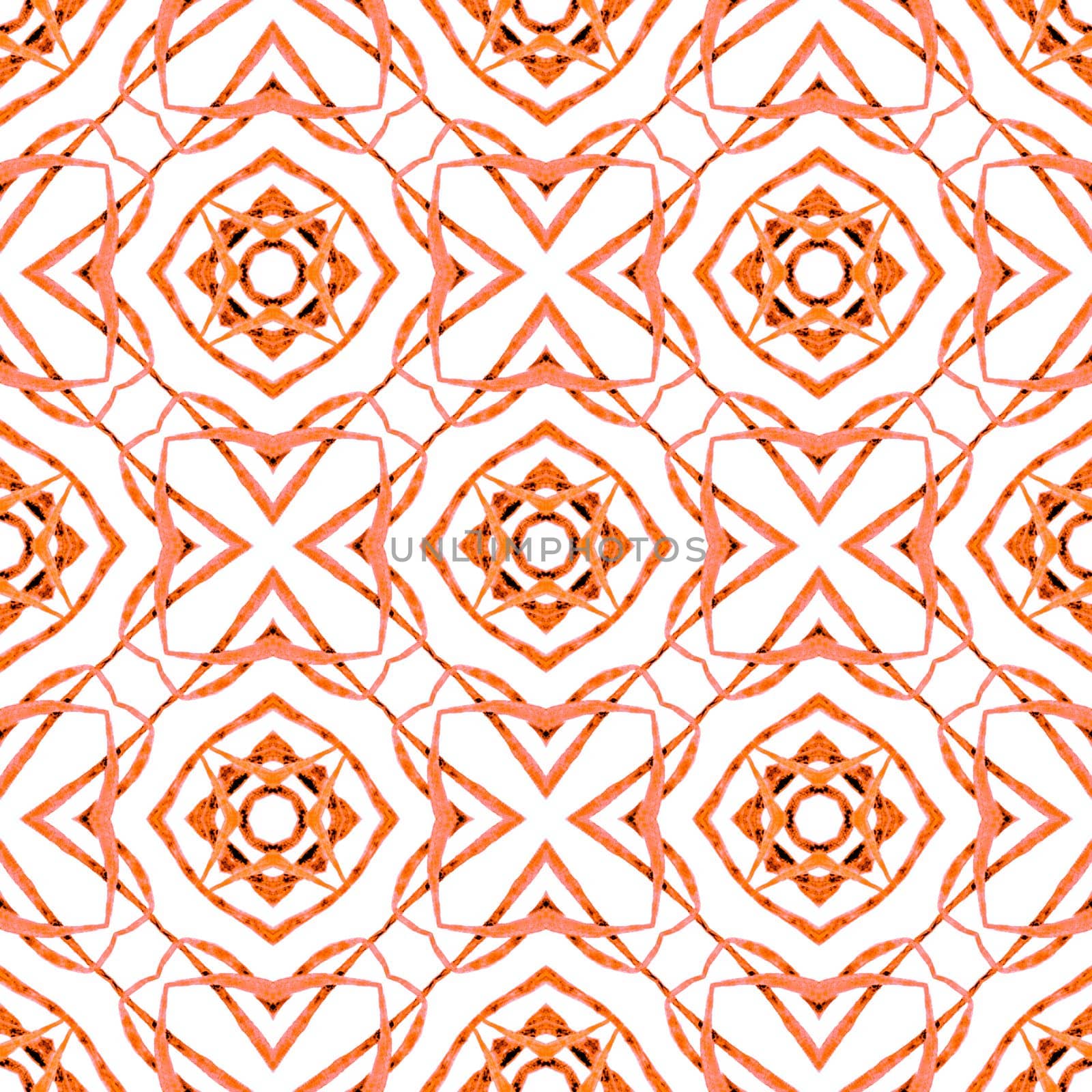 Textile ready positive print, swimwear fabric, wallpaper, wrapping. Orange dramatic boho chic summer design. Hand painted tiled watercolor border. Tiled watercolor background.