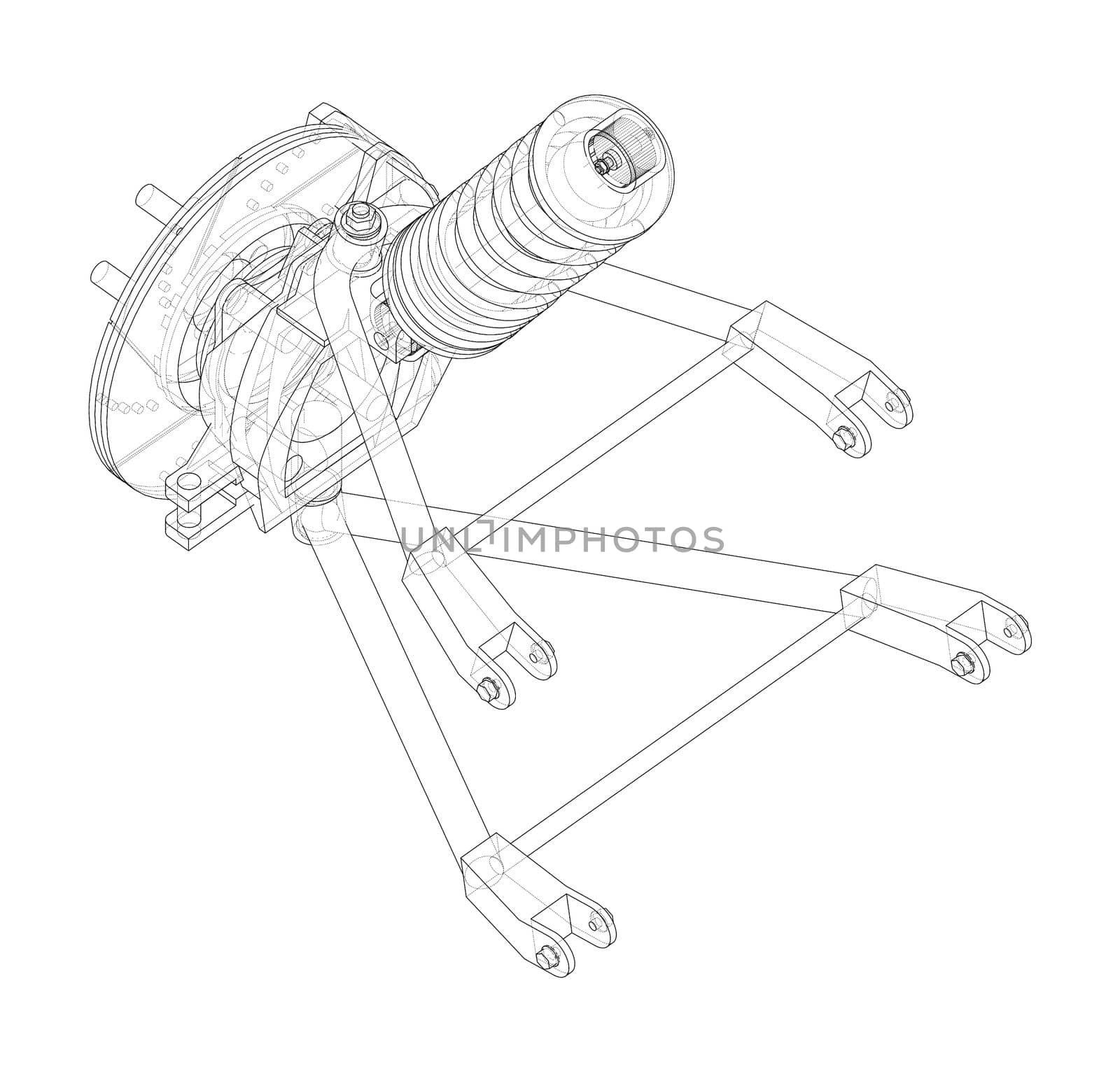 Car suspension with shock absorber. 3d illustration. Wire-frame style