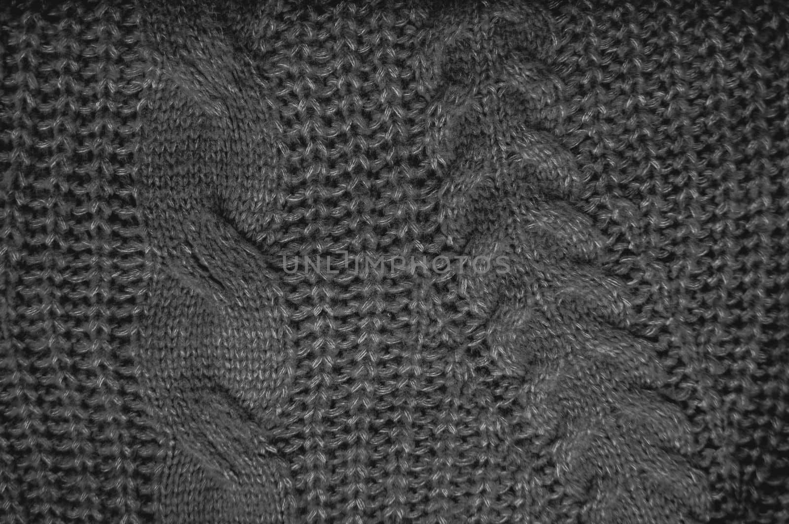Weave Pattern Knit. Abstract Woolen Sweater. Fiber Knitwear Christmas Background. Knitted Print. Dark Cotton Thread. Scandinavian Holiday Cloth. Linen Scarf Material. Closeup Pattern Knit.