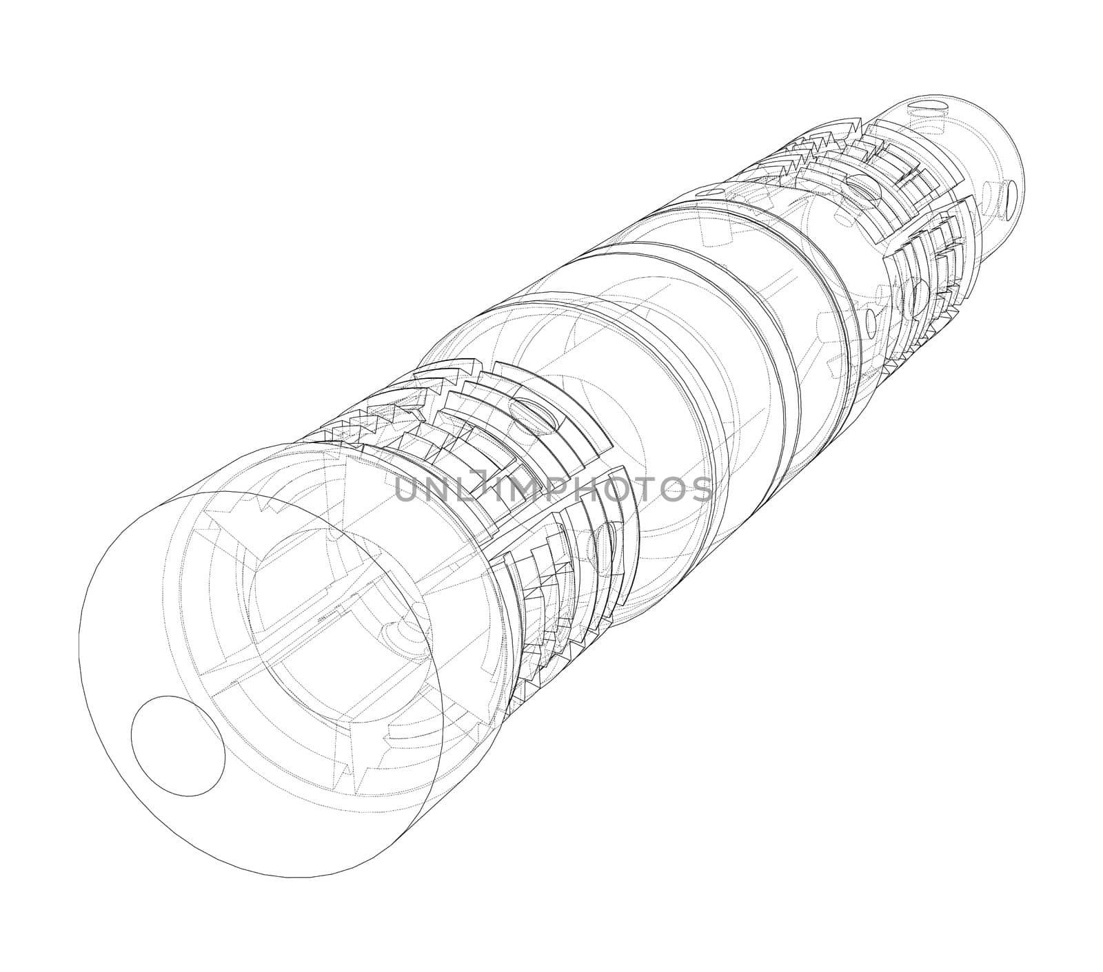 Abstract industrial equipment. Outline drawing or sketch of a cylindrical mechanical device. The concept of industry. 3d illustration