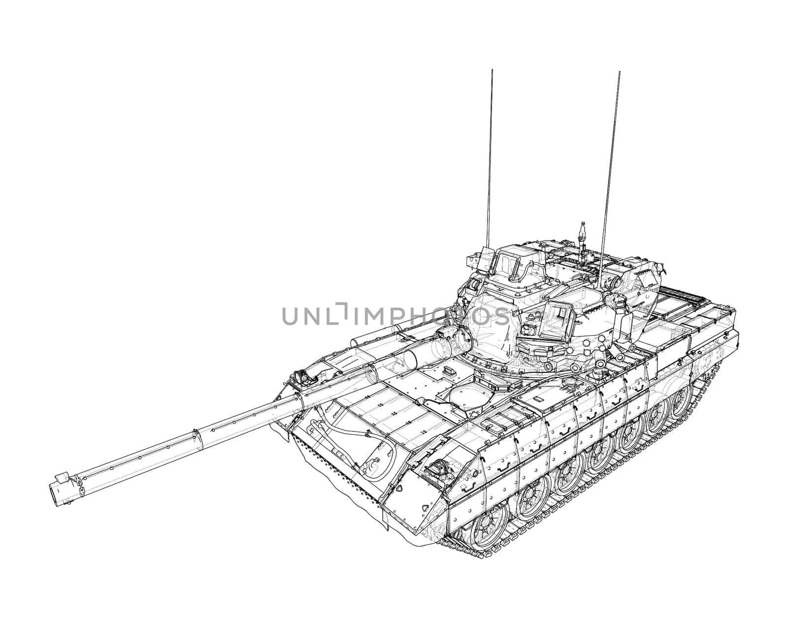 Tank on white background. 3d illustration. Wire-frame style