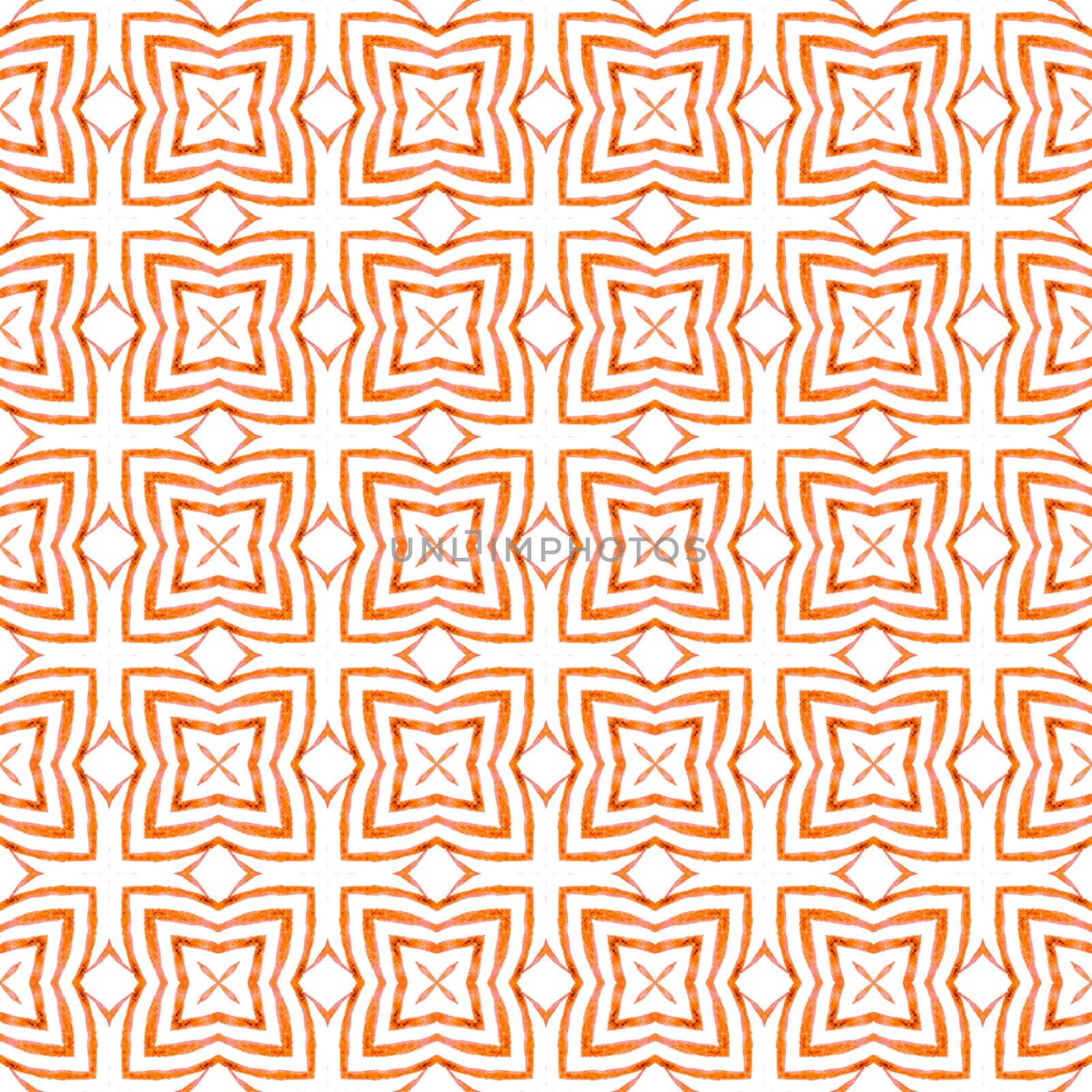 Textile ready nice print, swimwear fabric, wallpaper, wrapping. Orange classy boho chic summer design. Hand painted tiled watercolor border. Tiled watercolor background.