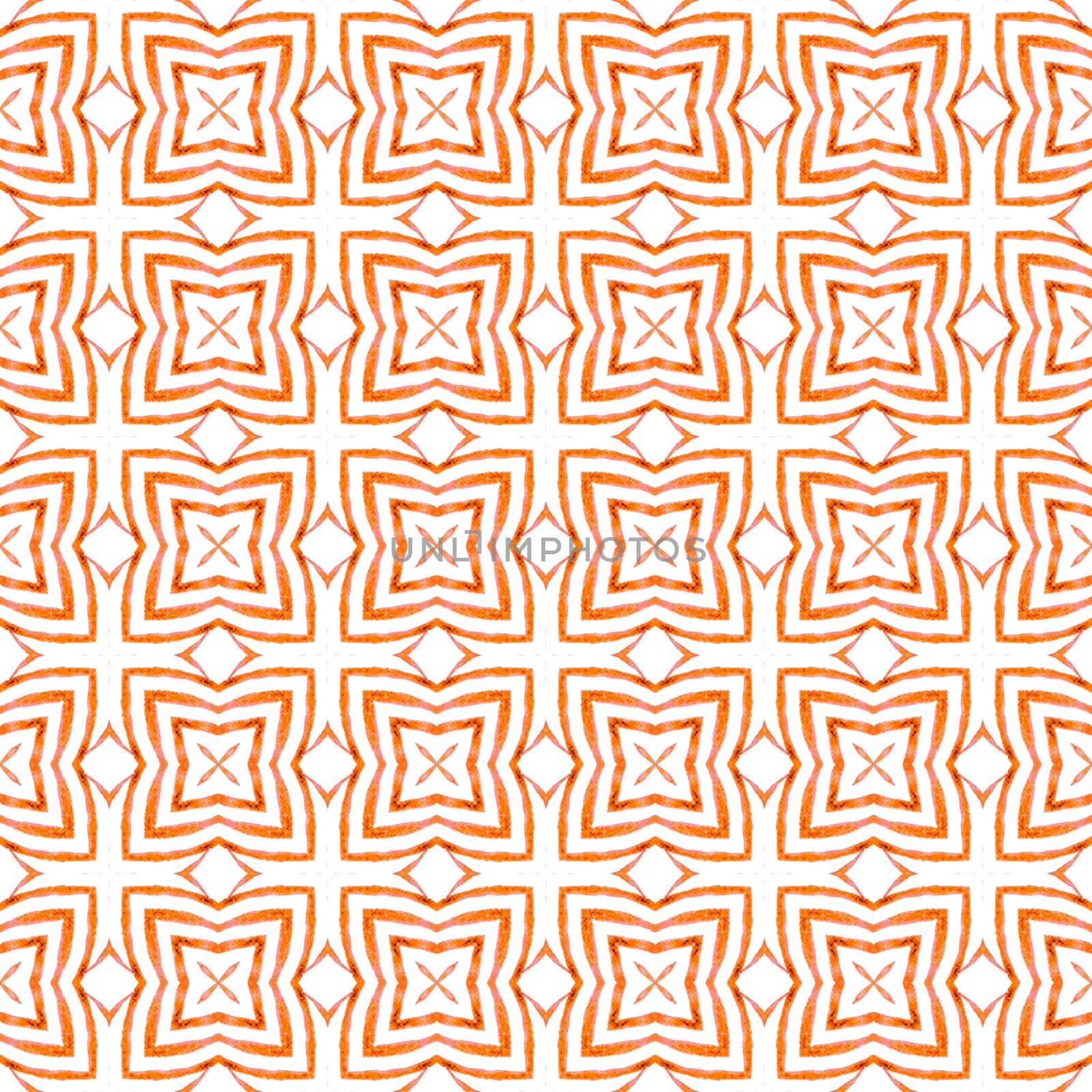 Textile ready nice print, swimwear fabric, wallpaper, wrapping. Orange classy boho chic summer design. Hand painted tiled watercolor border. Tiled watercolor background.