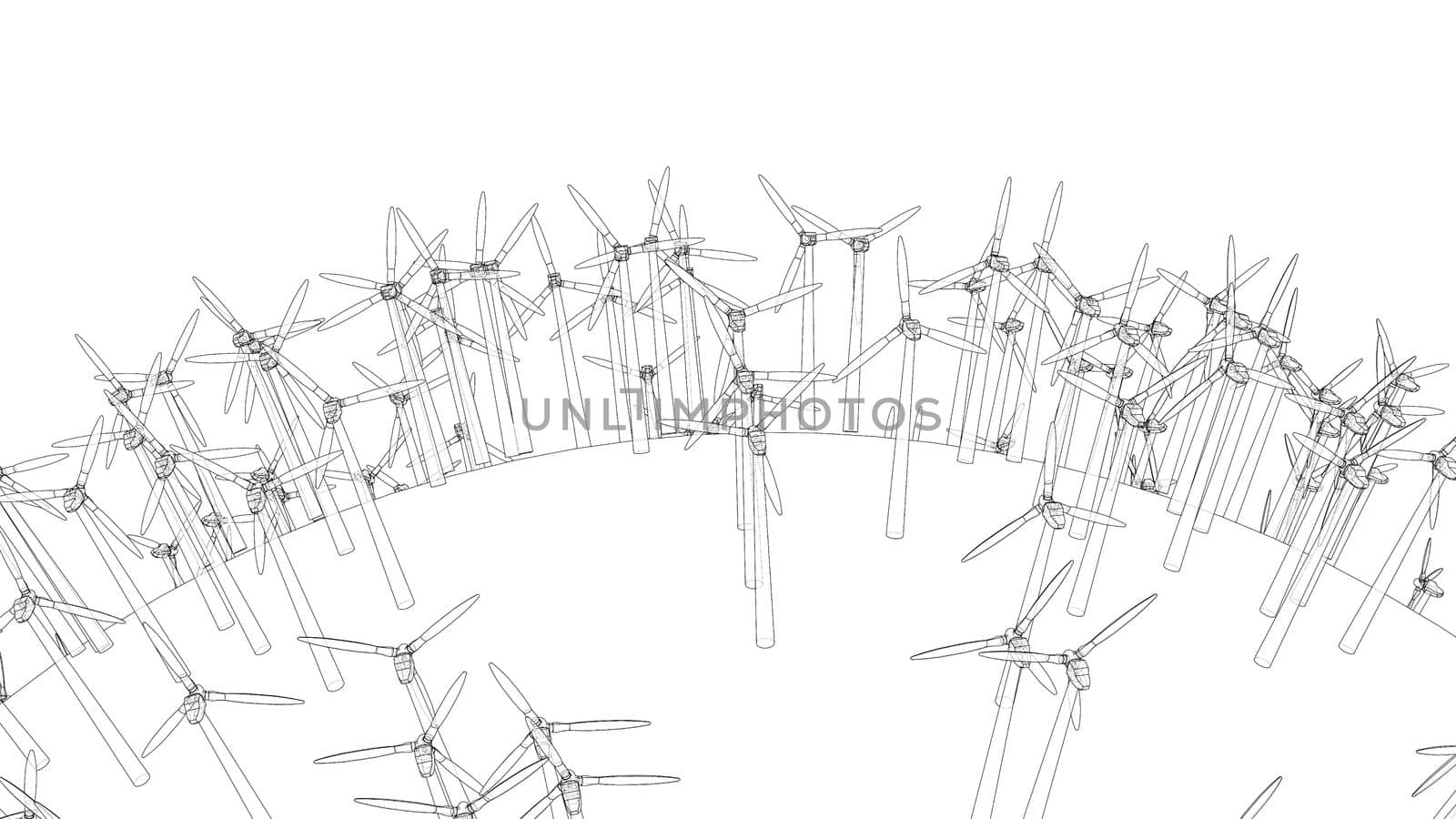 Electric wind turbines on round planet. 3d illustration