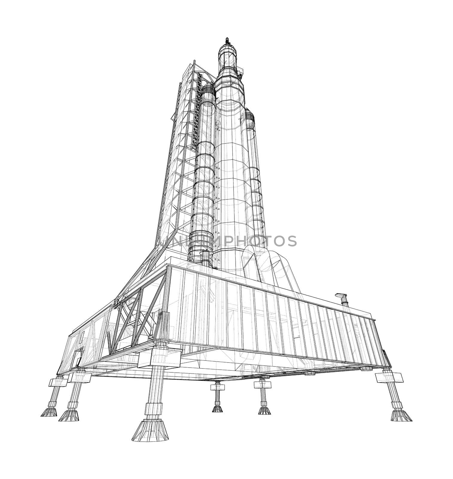 Space Rocket on launch pad. 3d illustration. Wire-frame style. Elements of this image furnished by NASA