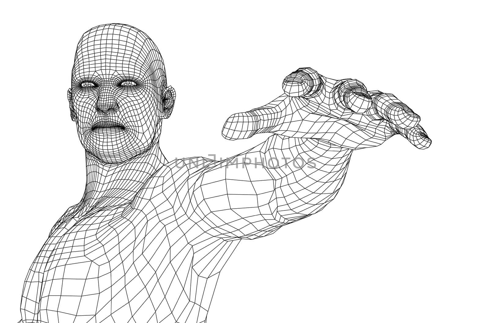 Virtual wireframe a man holds his hand in front of him and looks ahead. 3d illustration