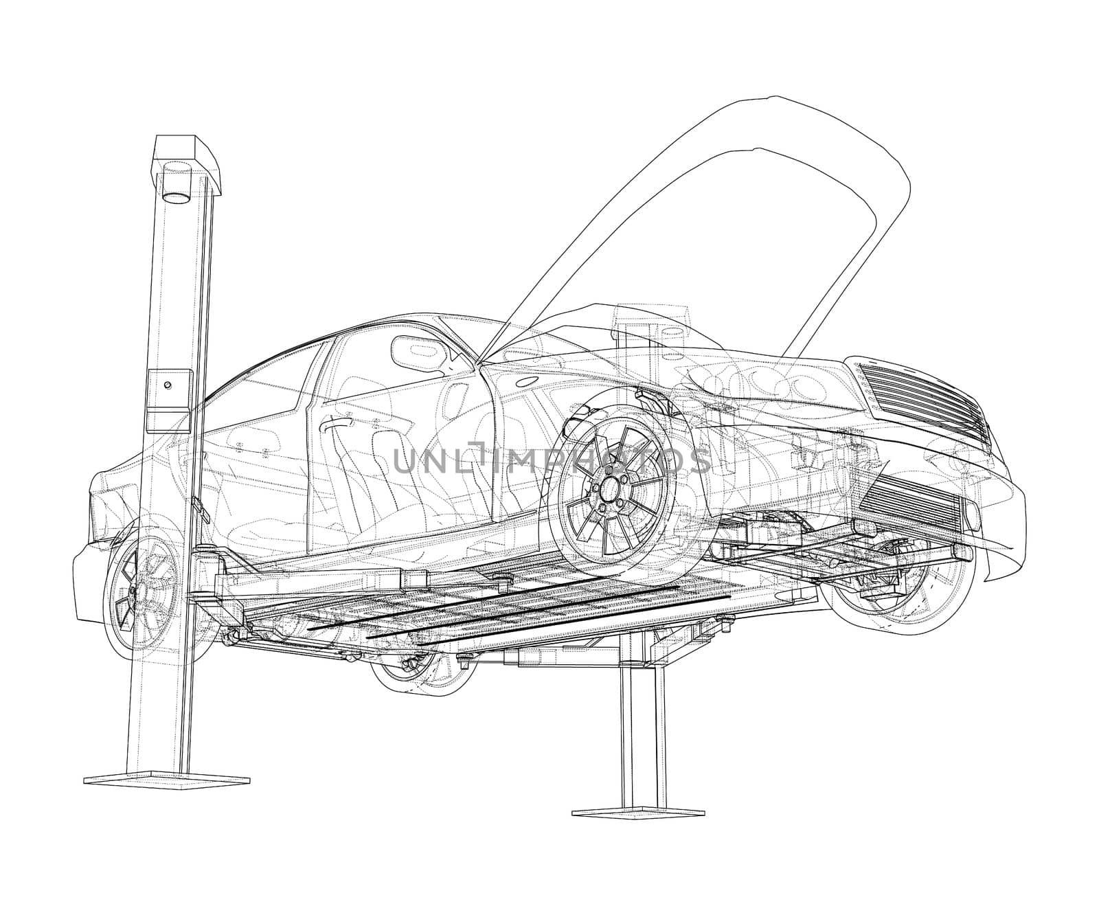 Car lift stand tower with car. 3d illustration