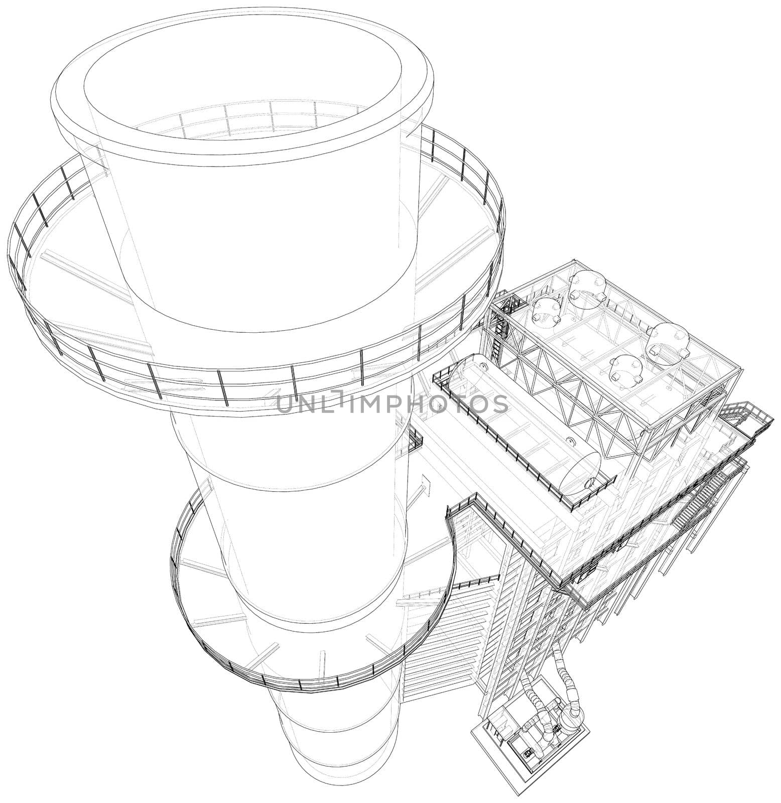 Industrial equipment. Large Industrial Furnace. 3d illustration. Wire-frame style