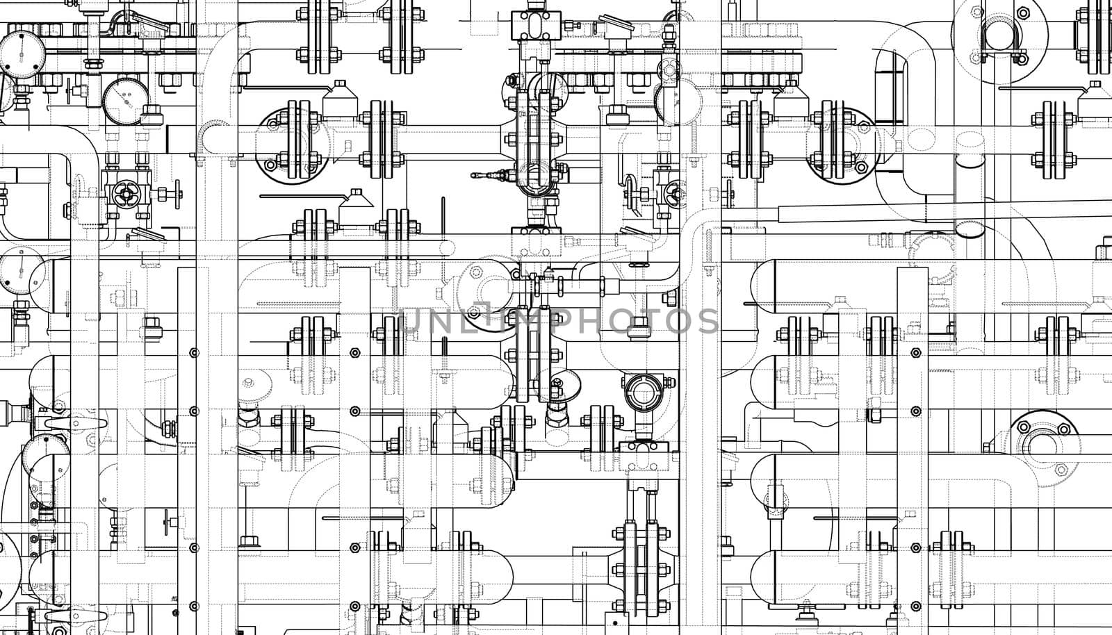 Valves and other industrial equipment. 3d illustration. Wire-frame style. Orthography