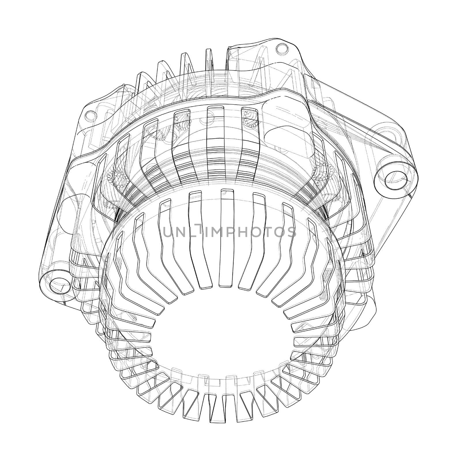 Car generator on white. 3d illustration. Wire-frame style