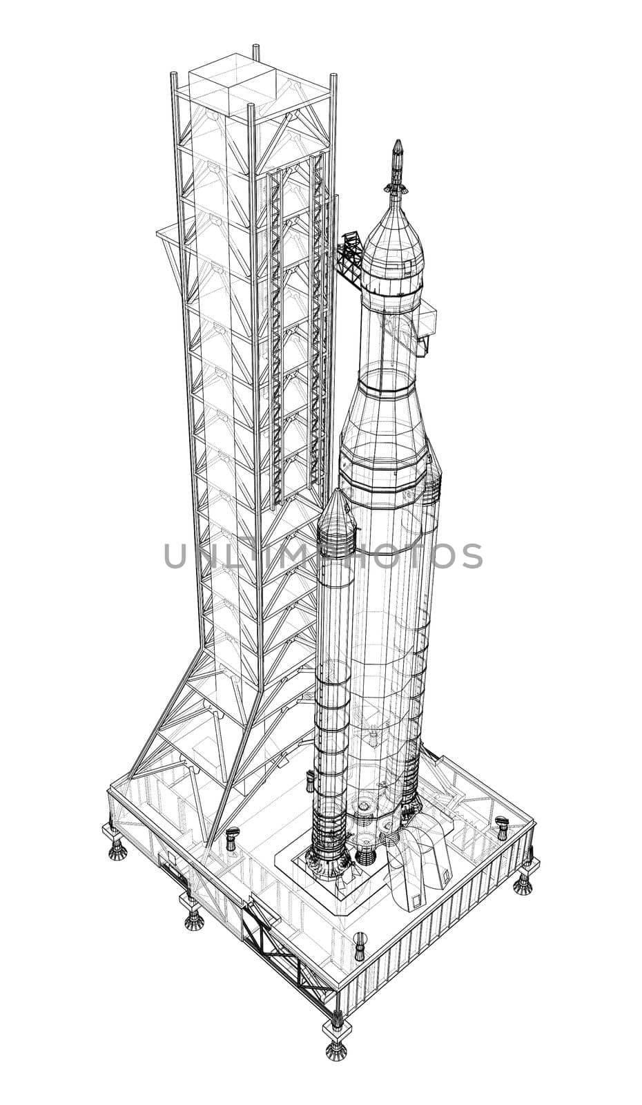 Space Rocket on launch pad. 3d illustration. Wire-frame style. Elements of this image furnished by NASA