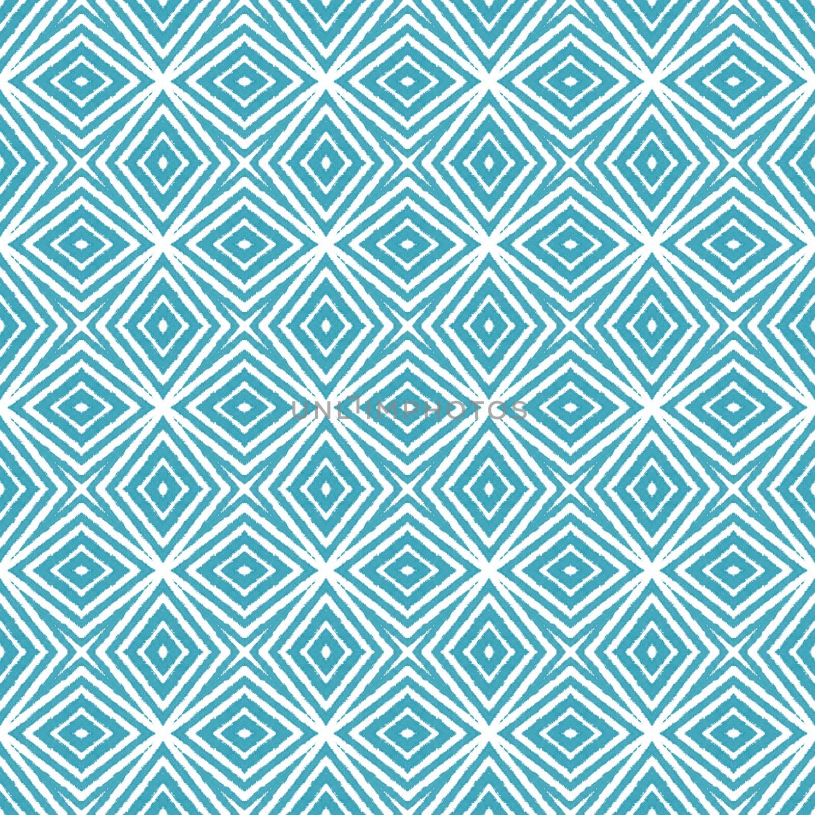 Striped hand drawn pattern. Turquoise symmetrical kaleidoscope background. Textile ready bold print, swimwear fabric, wallpaper, wrapping. Repeating striped hand drawn tile.