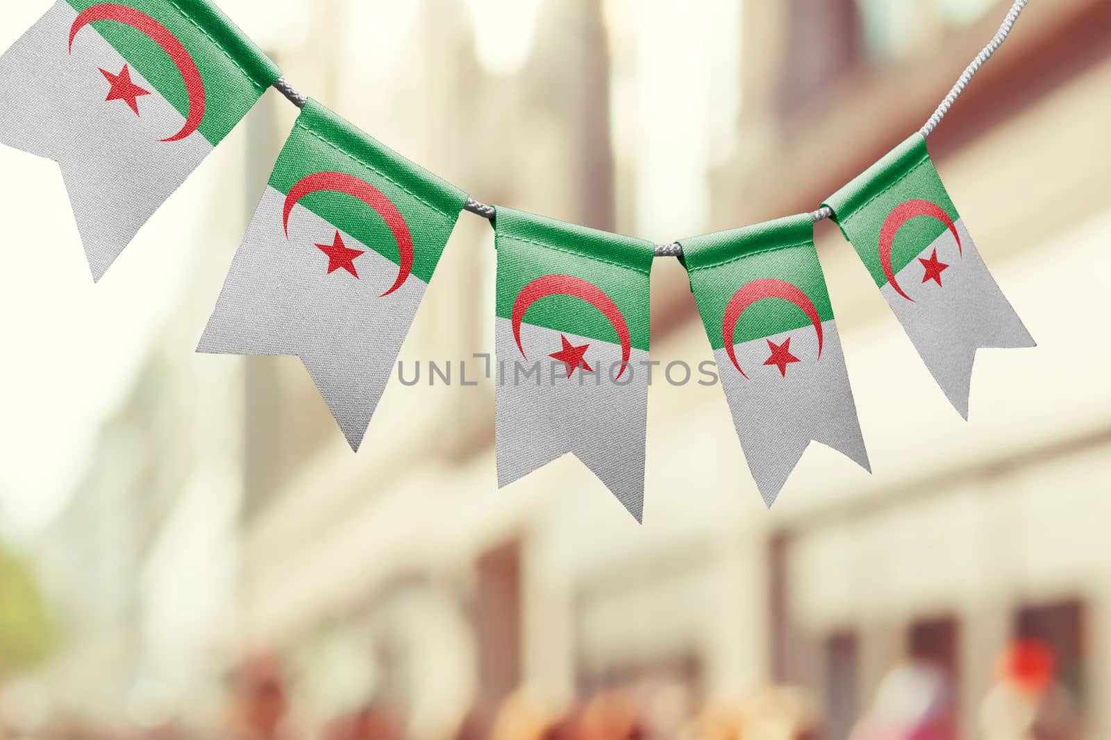 A garland of Algeria national flags on an abstract blurred background by butenkow