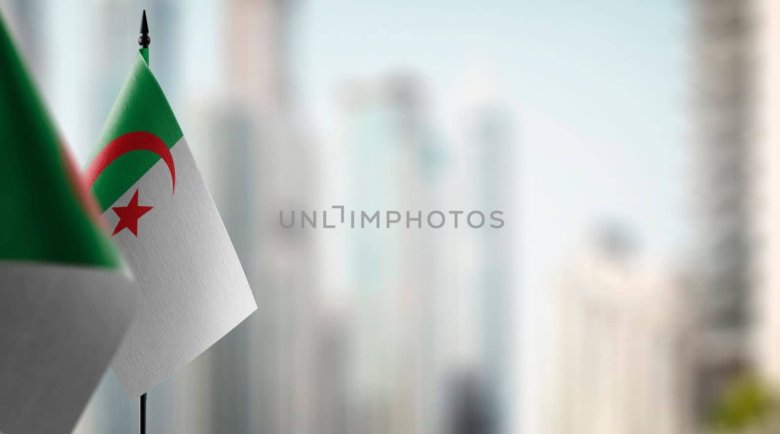 Small flags of the Algeria on an abstract blurry background.