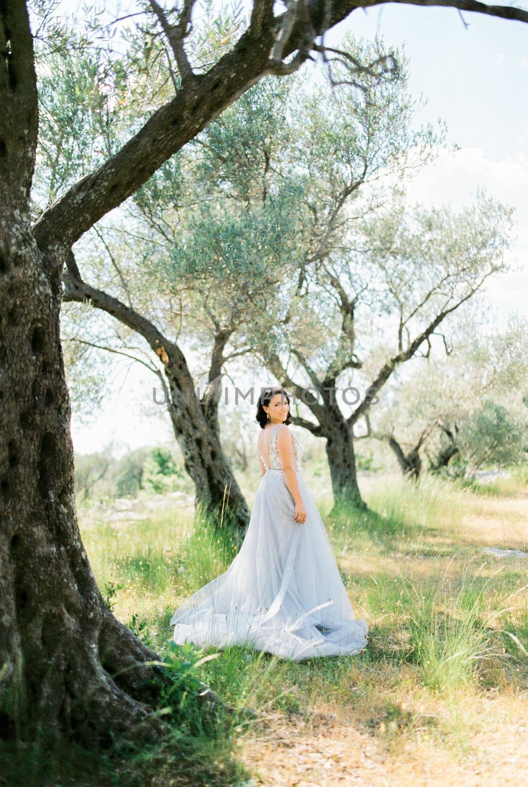 Bride in a blue dress stands half-turned on a green meadow near the trees. High quality photo