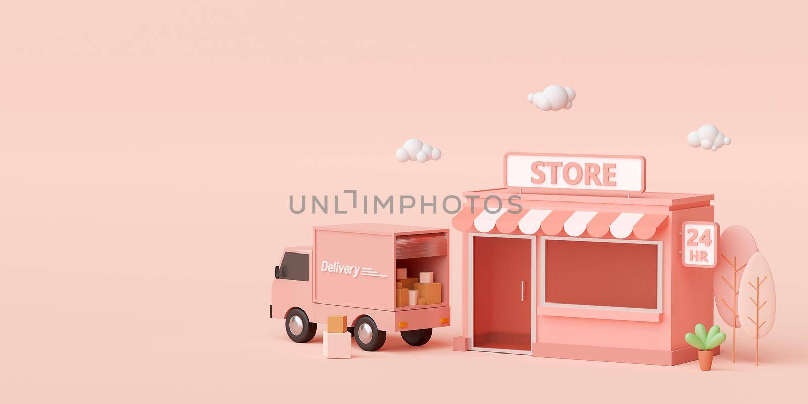 E-commerce concept, Convenience store and delivery service by truck, 3d illustration
