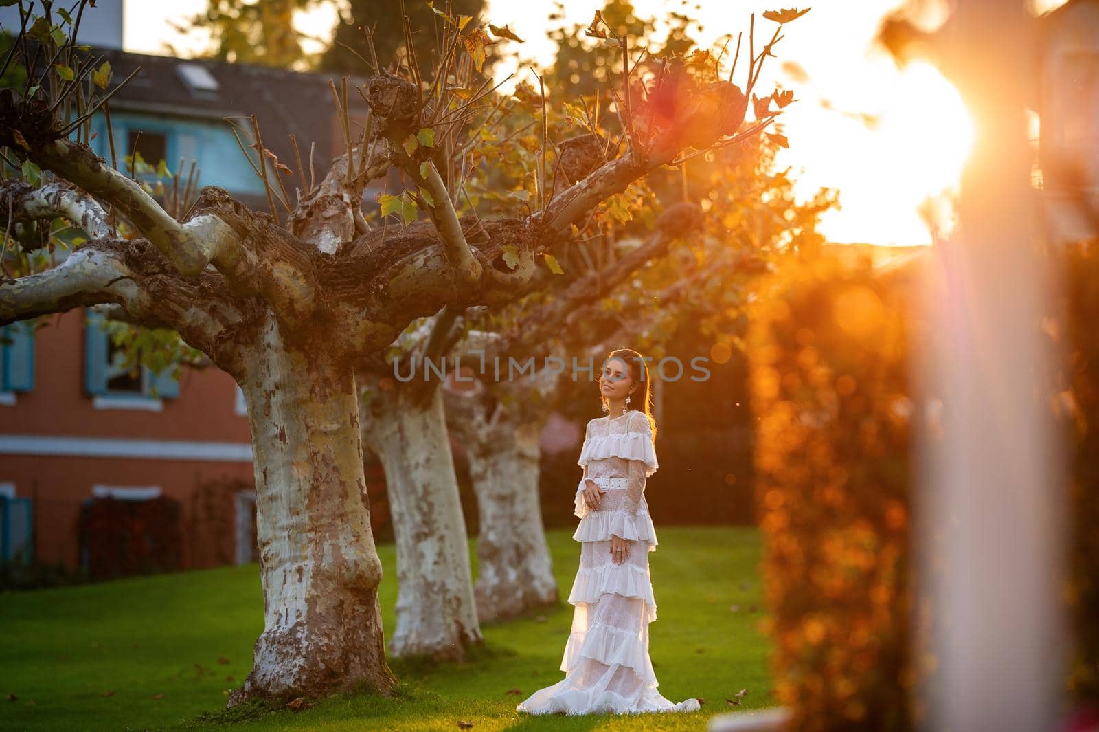 A bride in a white wedding dress in a park in an Austrian town with large trees at sunset by Lobachad