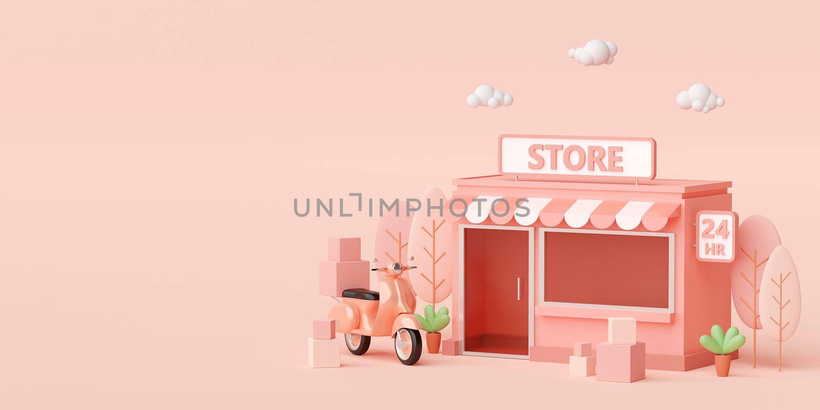 E-commerce concept, Convenience store and delivery service by scooter, 3d illustration