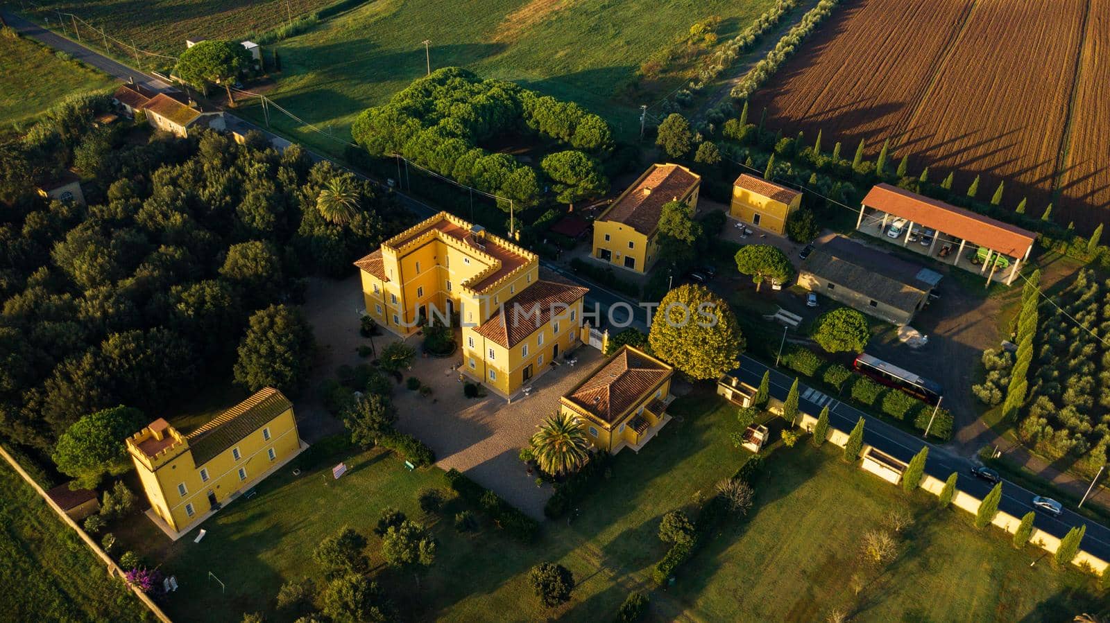 Top view of an old yellow villa in the Tuscan region.Italy.