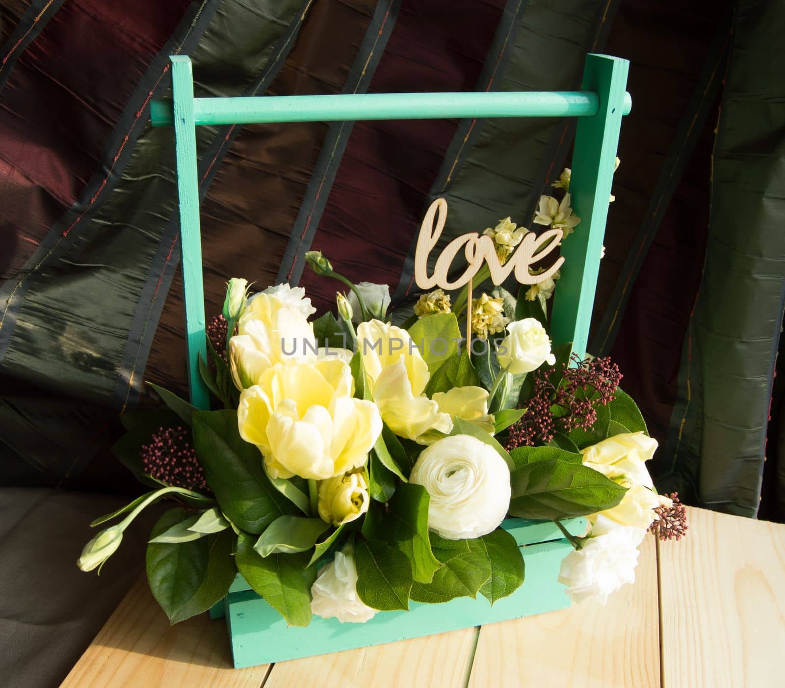 Spring flowers in wooden box and topper Love, Valentine's Day, wedding.