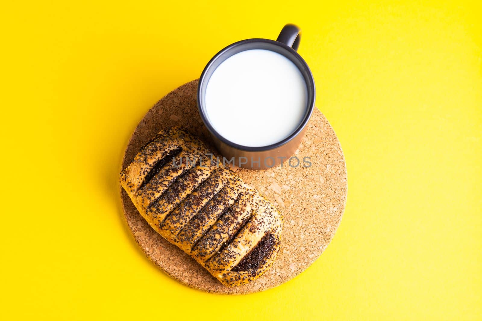 Wheat bread breakfast and milk in morning, croissant, plate by Zelenin