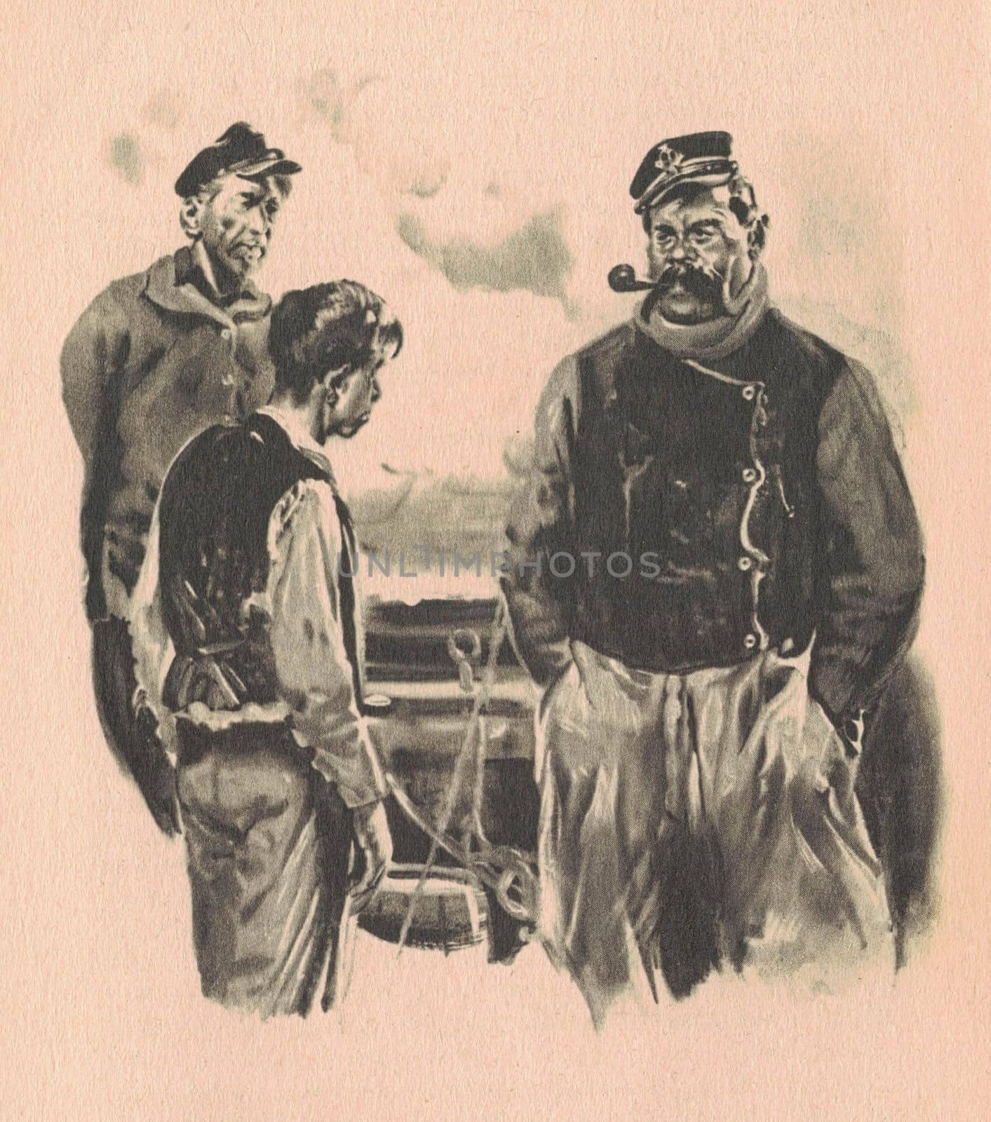 Black and white illustration shows a meeting between a captain and a young sailor. Drawing shows life in the Old West. Vintage black and white picture shows adventure life in the previous century by roman_nerud