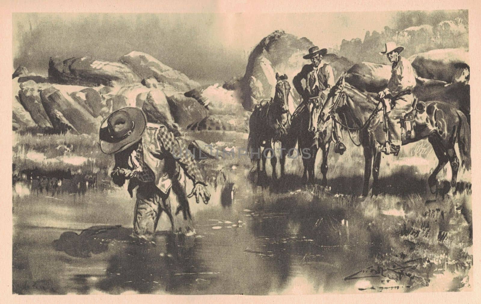 Black and white illustration shows cowboys on horseback by the river. Drawing shows life in the Old West. Vintage black and white picture shows adventure life in the previous century by roman_nerud