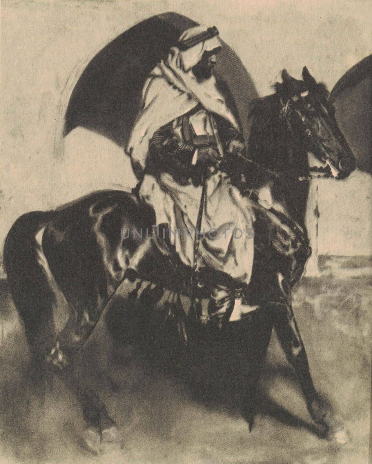 Black and white illustration shows a Bedouin on horseback. Vintage black and white picture shows adventure life in the previous century.