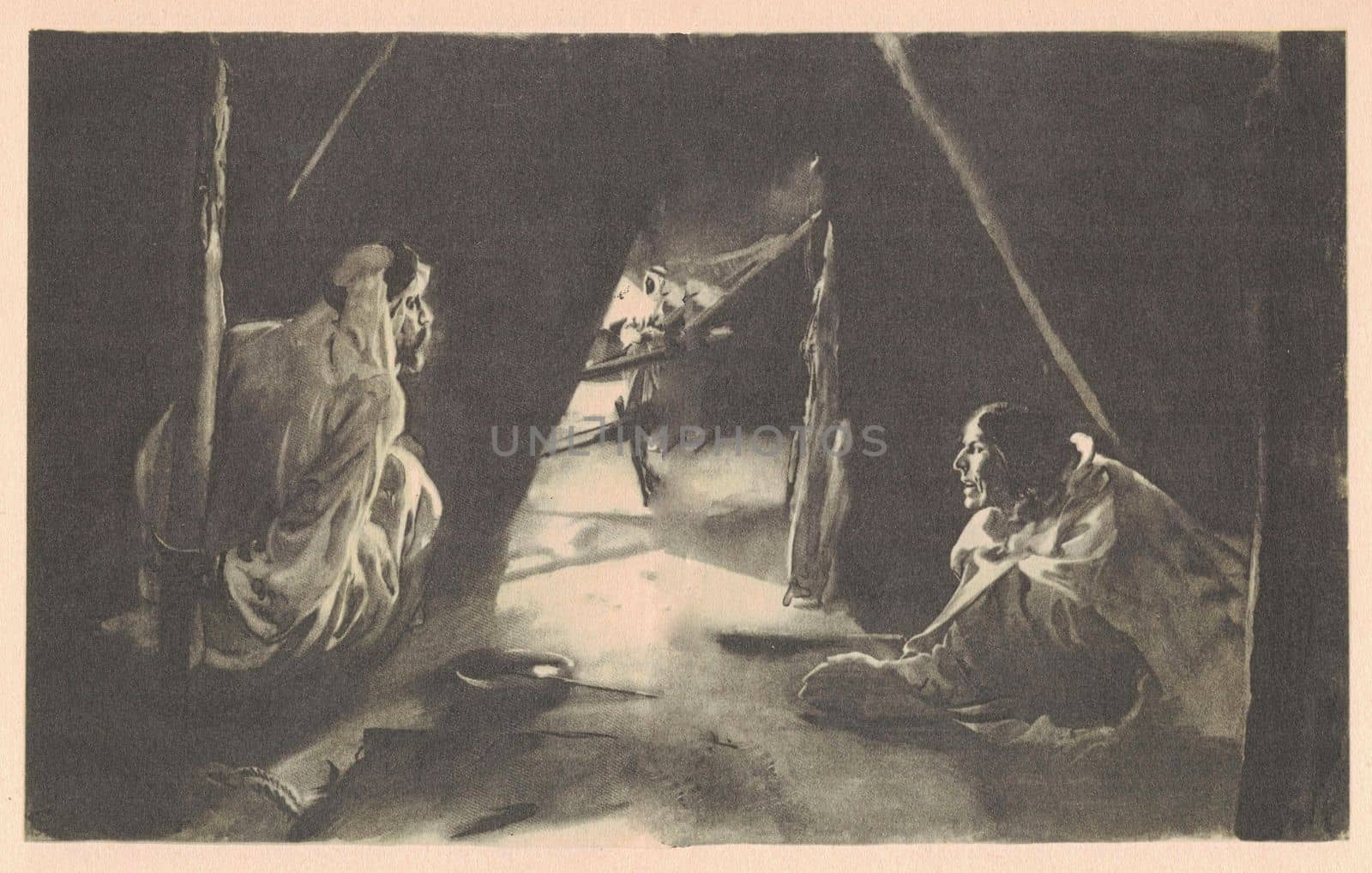 Black and white illustration shows a captured Arab man in the Bedouin tent. Vintage black and white picture shows adventure life in the previous century.