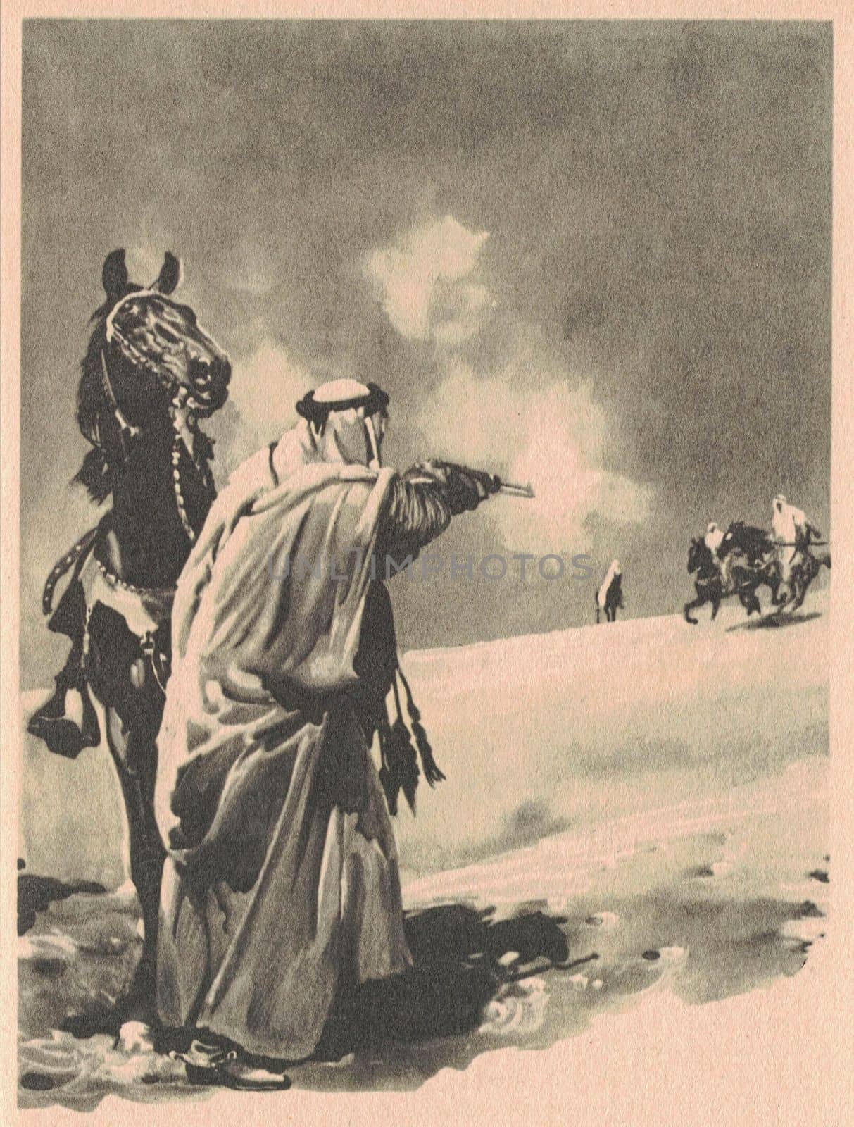 Black and white illustration shows an Arab shooting at other Arabs. Vintage black and white picture shows adventure life in the previous century.