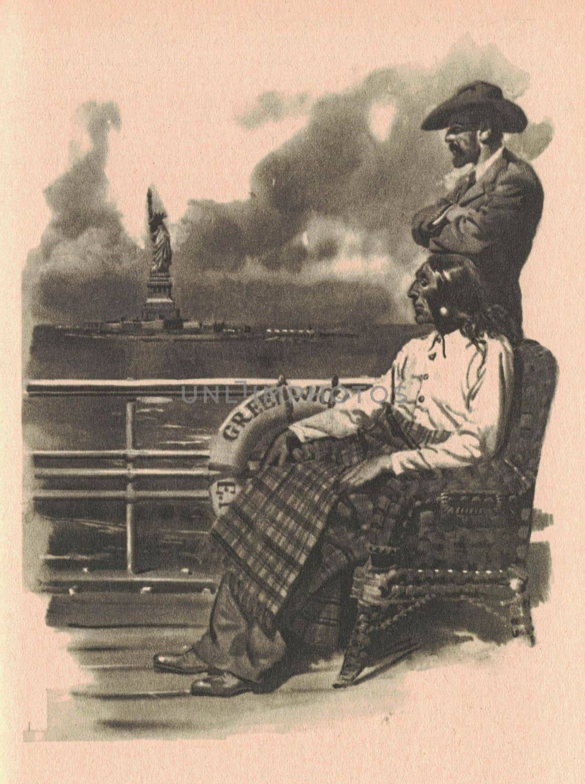Black and white illustration shows an old American Indian and a white man on board. Drawing shows life in the Old West. Vintage black and white picture shows adventure life in the previous century.